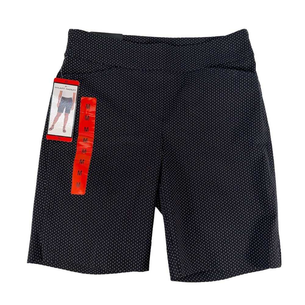 Hilary Radley Navy Off-White Dot Pull-On Bermuda Shorts Women's M 9" Inseam